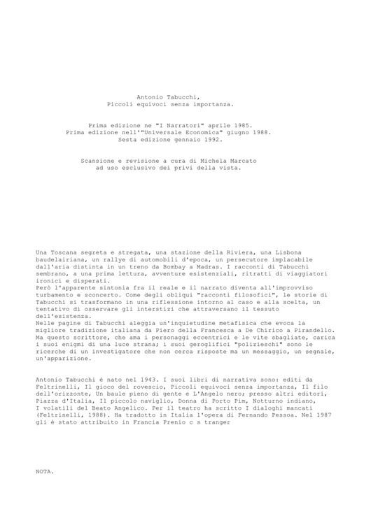 Antonio Tabucchi Piccoli Equivoci Senza Importanza