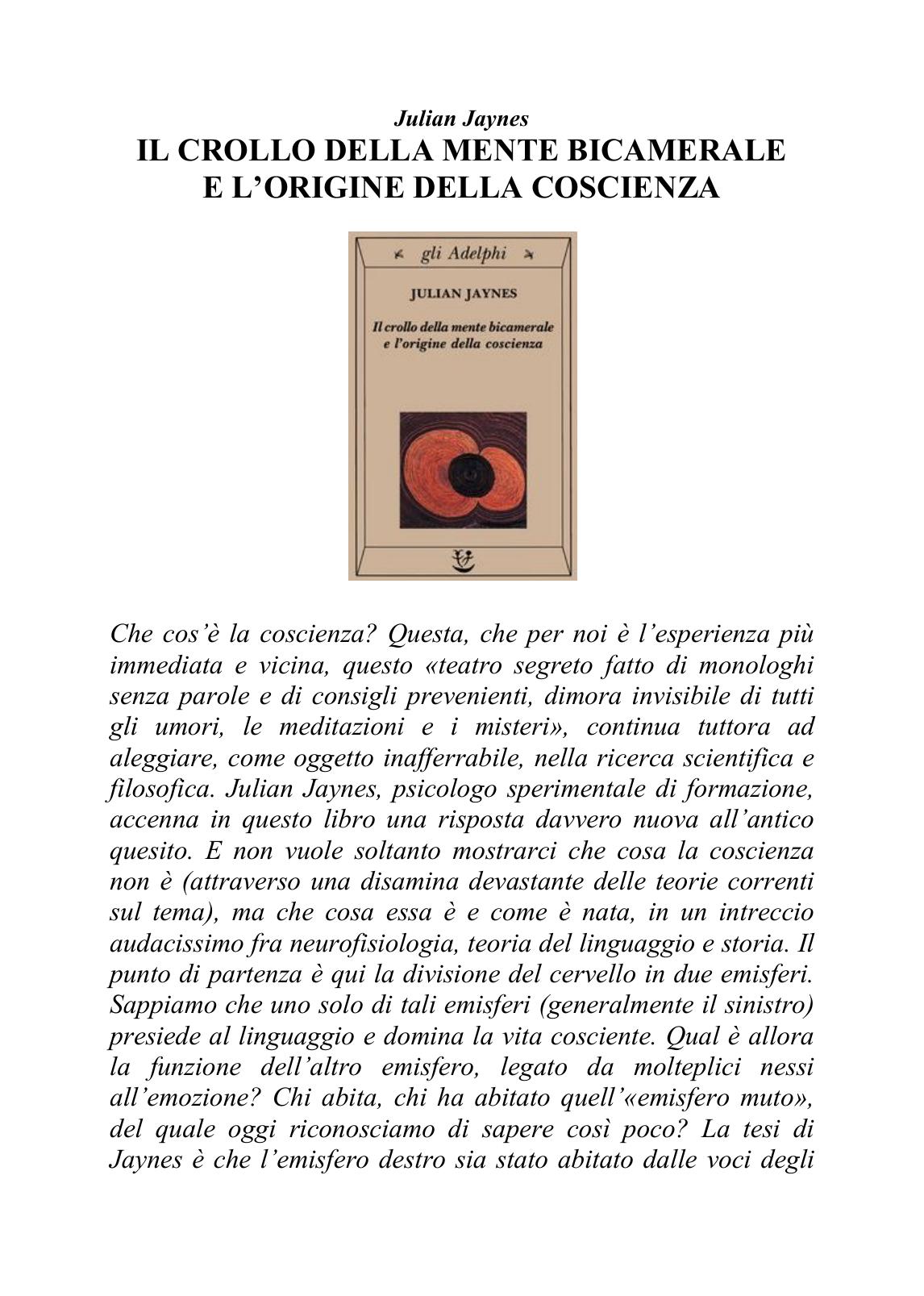 Il crollo della mente bicamerale e l'origine della coscienza